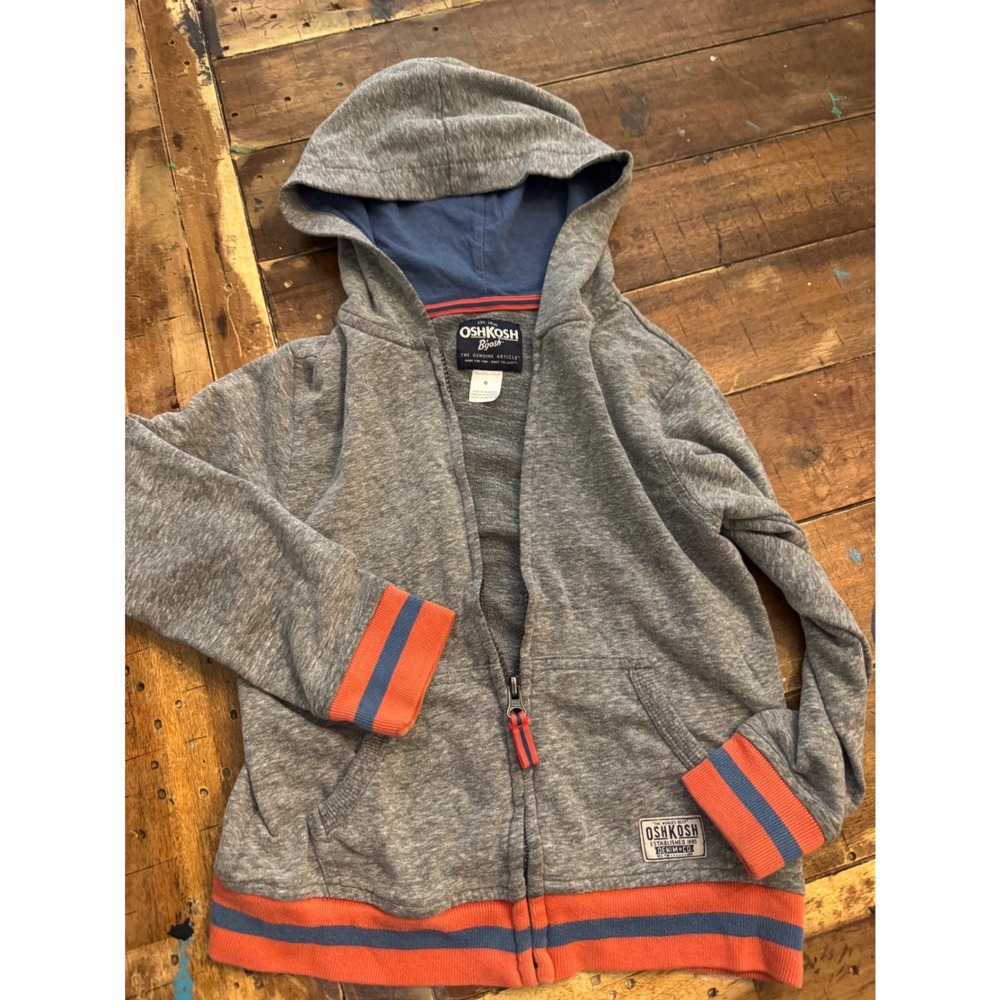 OshKosh Bgosh Boys Heather Gray Zip Up Hoodie Orange Blue Stripe Size 6